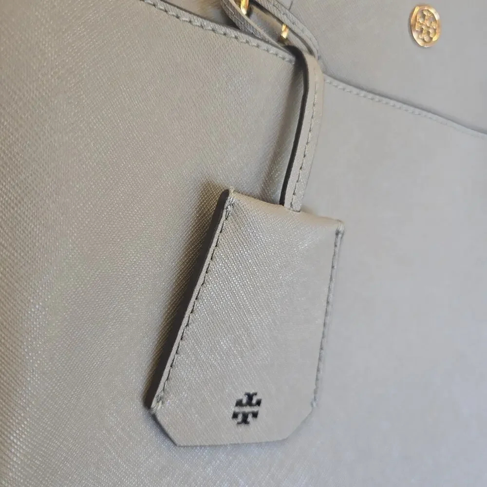 Tory Burch Parker Saffiano Leather Tote Shoulder Bag Greige 10008011 Dust Storm